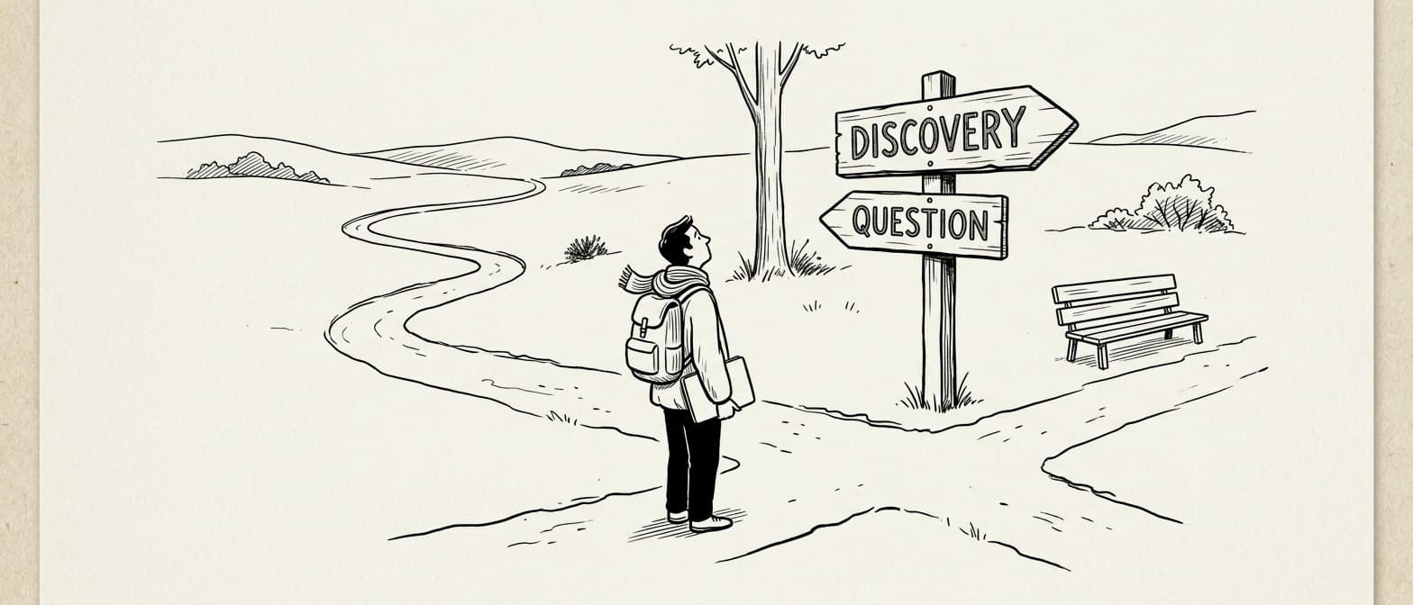 Editorial ink drawing of a lone traveller with a laptop standing at a path fork. Two wooden signs point in similar directions, their lettering nearly identical: DISCOVERY → pointing up a long winding trail into the hills, and QUESTION → pointing to a short straight path with a bench at the end. The traveller tilts their head, confused — the signs look alike at first glance.
