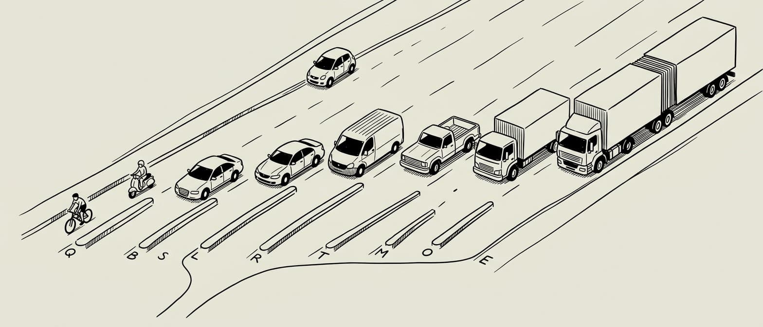 Editorial ink drawing of ten traffic lanes converging into a single highway. Each lane carries a different vehicle sized to its workload — a bicycle, a scooter, three sedans, a van, a pickup, a lorry, and a long articulated truck. The lanes are labelled with single capital letters along the kerb — Q, B, S, L, R, T, D, M, O, E — and the vehicles get bigger left to right.