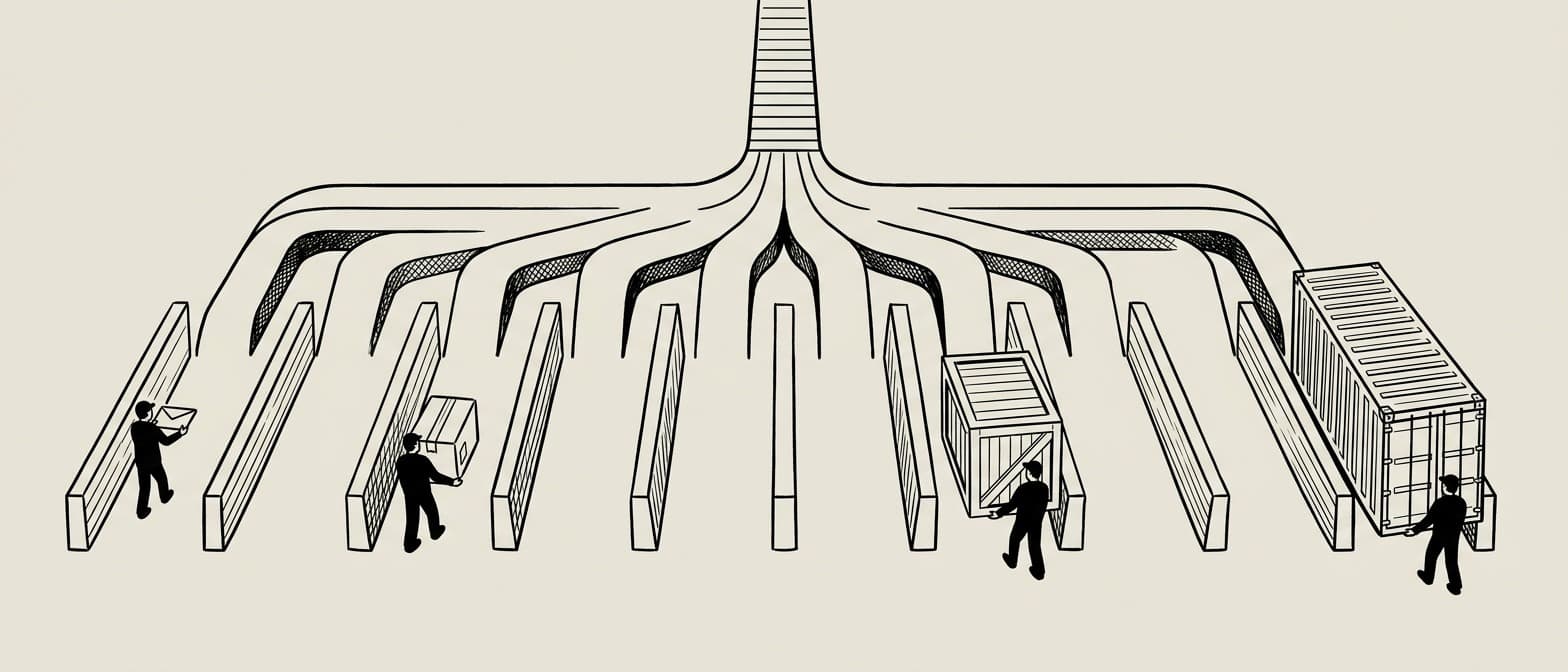 Editorial ink top-down map of a sorting yard. Ten short loading bays run parallel, each with a different-sized package being handled: tiny envelope at bay Q, medium parcel at B, large crate at L, oversized shipping container at D. Workers in flat silhouette carry each package to its own bay. A single conveyor belt approaches from the top and splits into ten.