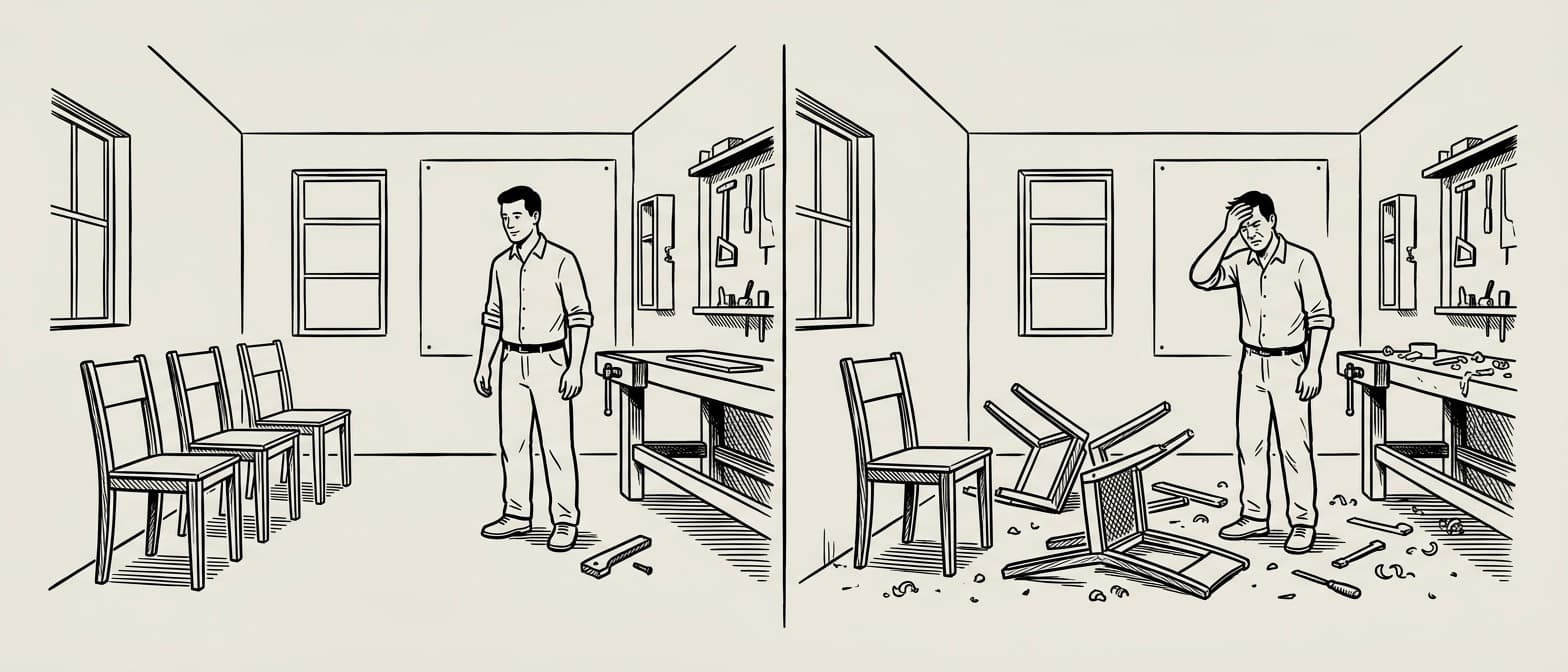Editorial ink diptych. Left room: a tidy carpentry workshop with four finished chairs lined up along the wall and one broken part on the floor. A small caption below reads '0.4 rework'. Right room: the same workshop in chaos — one finished chair, four broken parts piled around a frustrated carpenter rubbing his forehead. A small caption below reads '4.5 rework'. Both rooms are the same size and layout; the only difference is the pile.