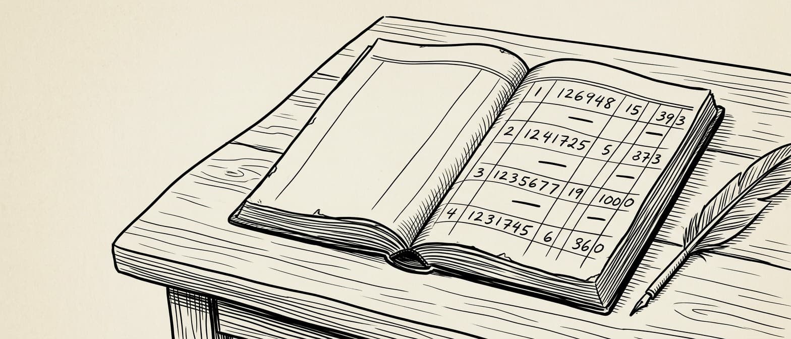 Editorial ink drawing of an old open accounting ledger on a wooden desk, viewed at a shallow three-quarter angle. The right-hand page is a grid of neat handwritten rows and columns: three rows show proper numeric entries while three other rows have an honest em-dash where a number would go. A quill rests beside the book.
