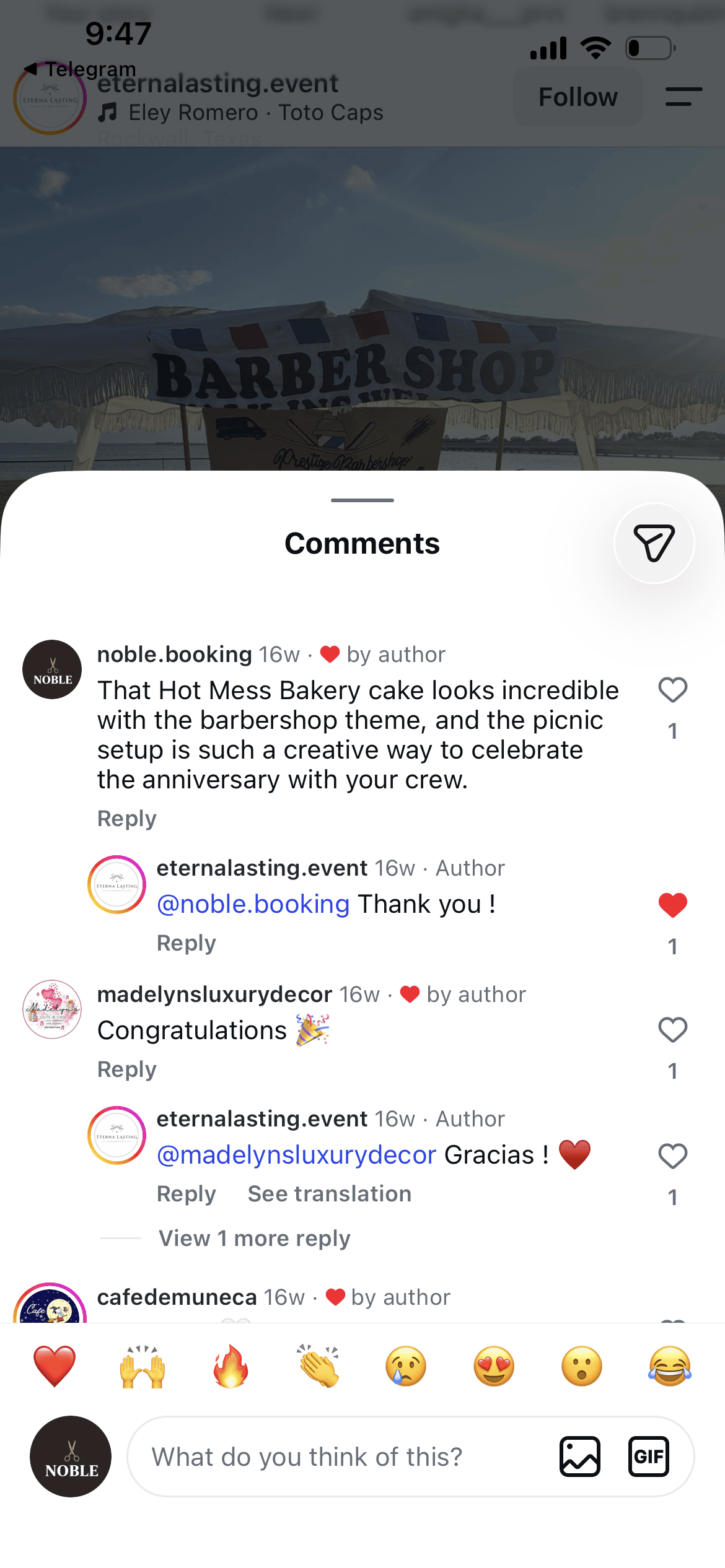 @eternalasting.event's Instagram post — a Barber Shop tent at a lakeside sunset event. Comments drawer open. The noble.booking account commented 16 weeks ago (hearted by author): 'That Hot Mess Bakery cake looks incredible with the barbershop theme, and the picnic setup is such a creative way to celebrate the anniversary with your crew.' The account owner replied '@noble.booking Thank you !' and hearted the exchange.