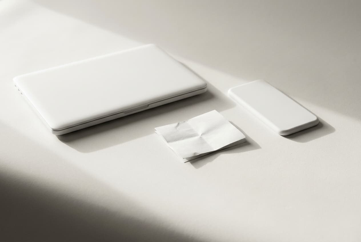 A closed white laptop and a white phone side by side, a folded paper note resting between them, in long diagonal shadow.